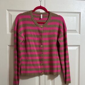 NEW Wishlist Vibrant Pink and Tan Striped Cardigan with Gold Snaps